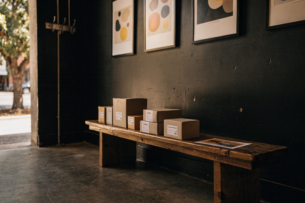 Small studio reception nook with a bench and printed packaging samples
