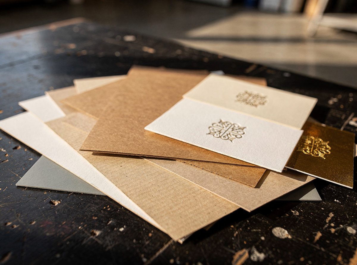 Fanned paper stock swatches including kraft, matte and foil samples